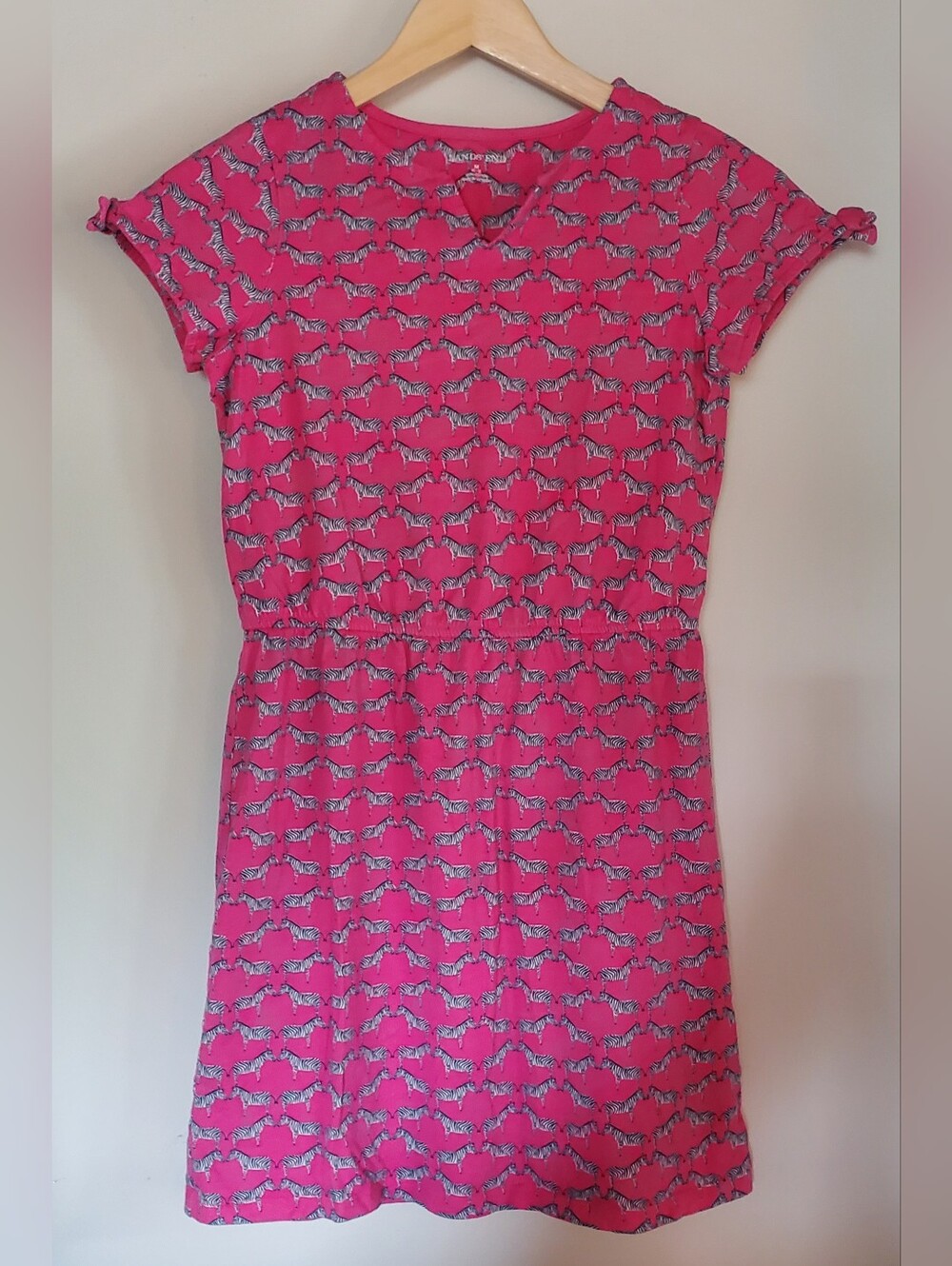 Girls Pink & Navy Lands End Zebra Print Short Sleeve Cotton Dress Size M (10-12)